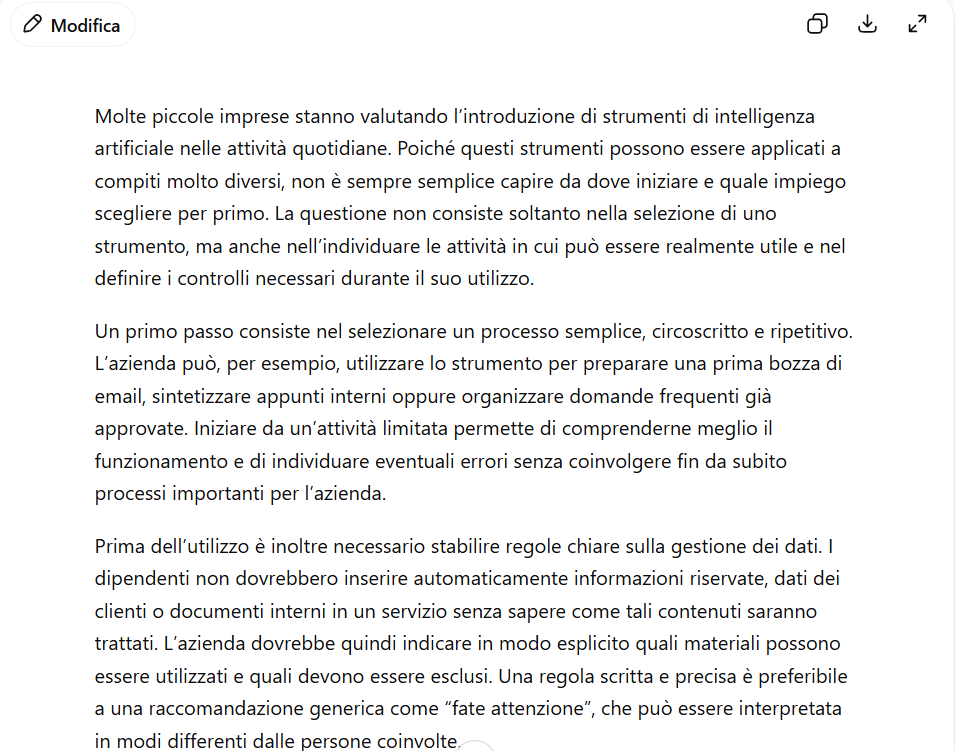 Output di ChatGPT Plus nel test di revisione editoriale