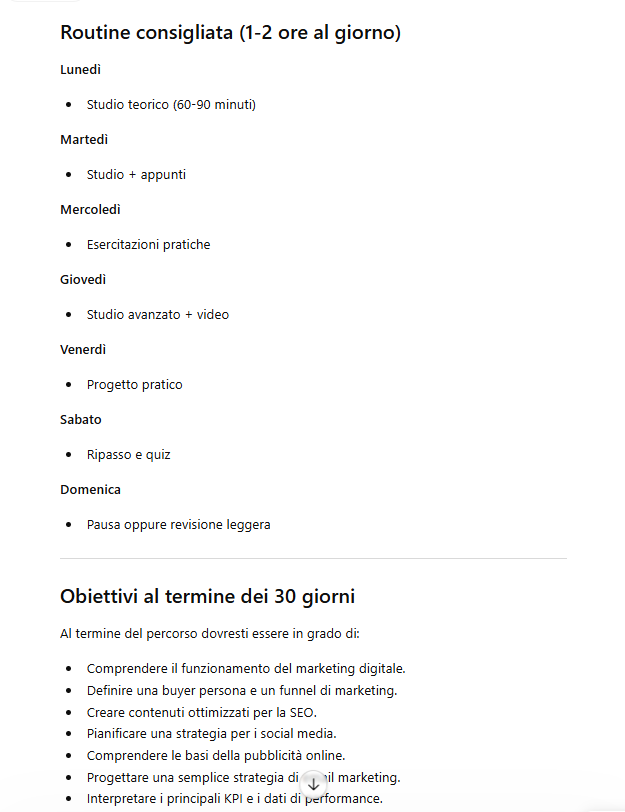 ChatGPT piano di studio marketing digitale obiettivi finali