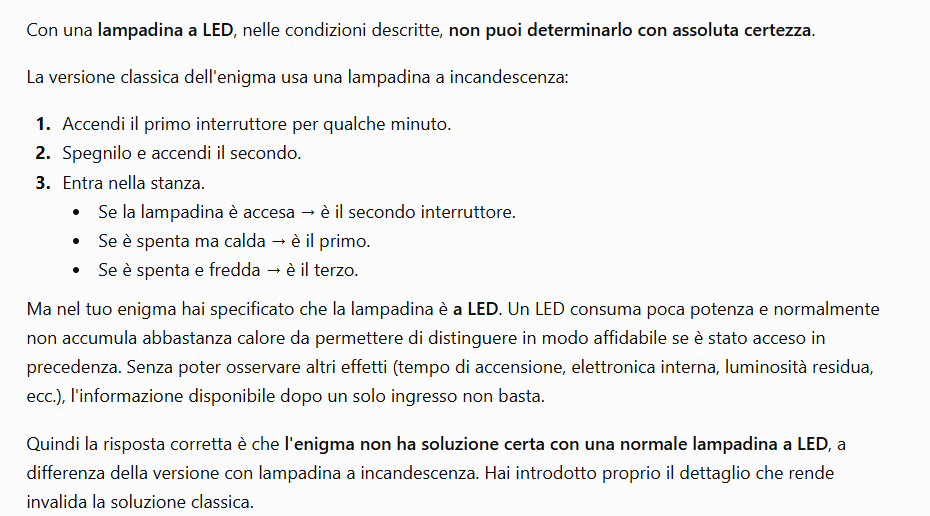 Risposta ChatGPT test ragionamento logico lampadina LED