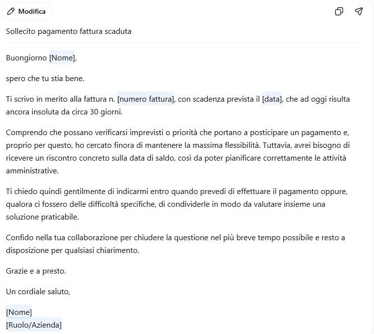 Risposta di ChatGPT al test di scrittura di un’email professionale in italiano