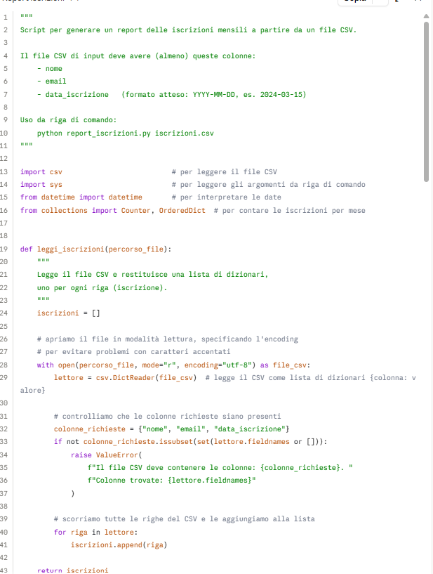 Script Python generato da Claude AI per analisi di file CSV con report mensile delle iscrizioni