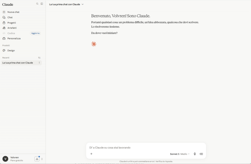 Interfaccia principale di Claude AI con chat, menu laterale e accesso ai Projects