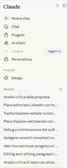Menu laterale di Claude AI con la funzione Projects e la schermata di creazione di un nuovo progetto