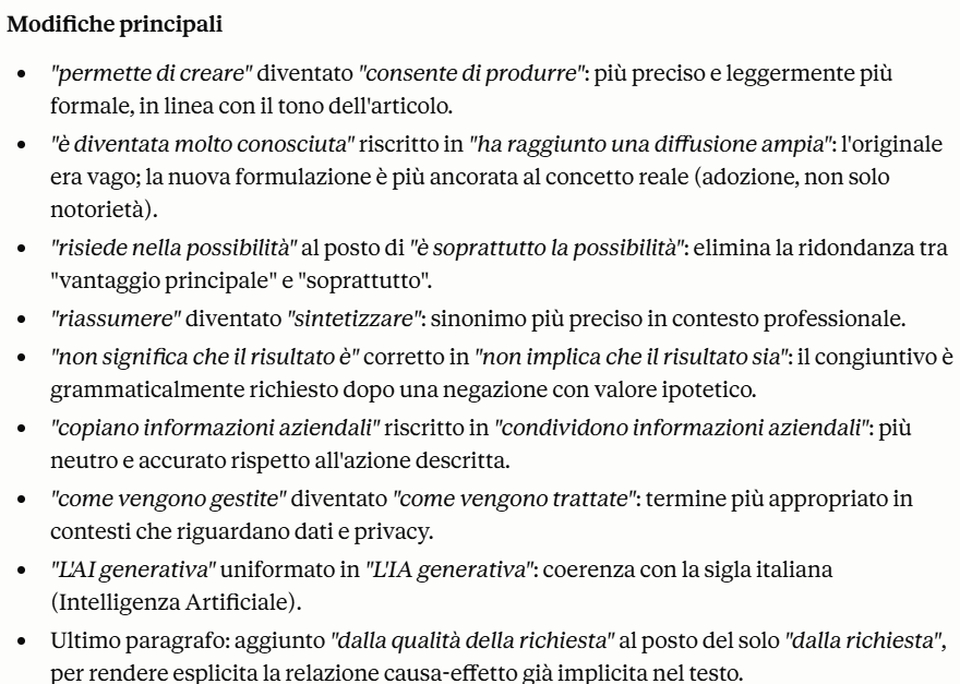 Risposta di Claude AI con testo revisionato e spiegazione delle modifiche apportate