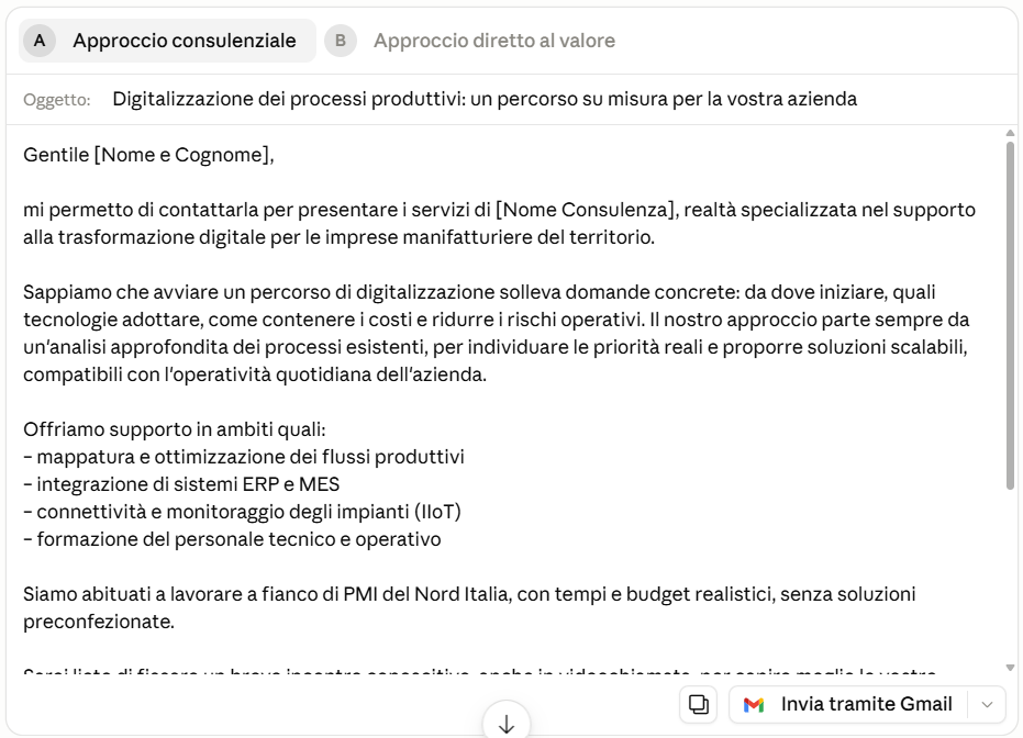 Risposta di Claude AI con email professionale in stile consulenziale per consulenza IT