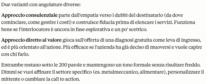 Recap di Claude AI con spiegazione delle due varianti di email professionale