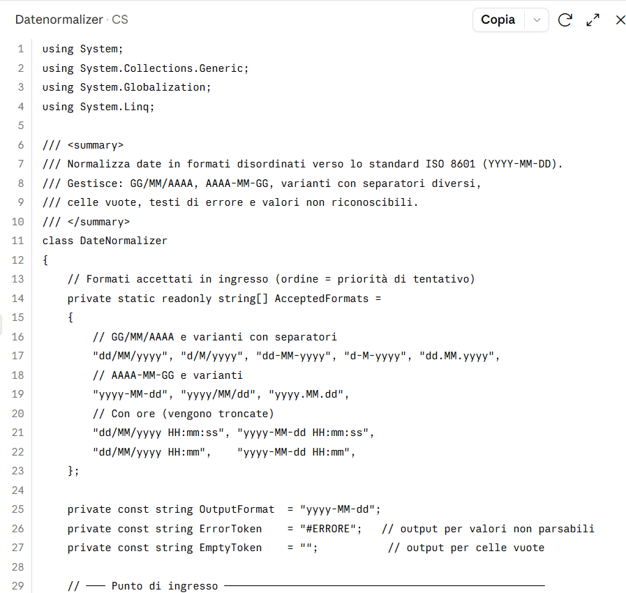 Script Claude C# standardizzazione date