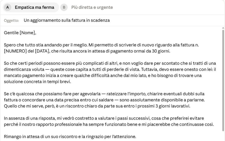 Risposta Claude test scrittura email professionale in italiano