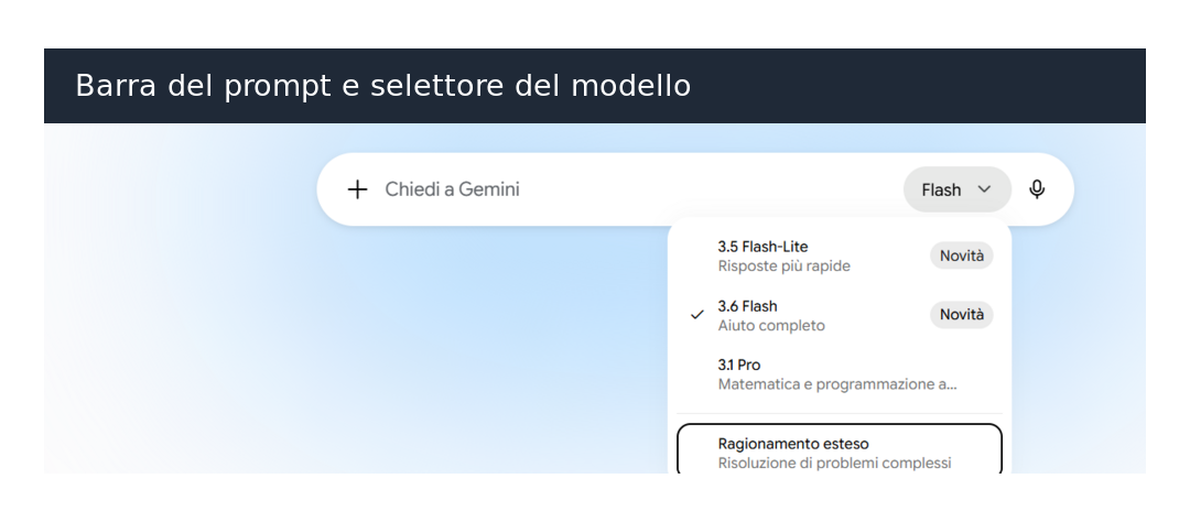 Barra del prompt di Gemini con menu per scegliere i modelli Flash e Pro