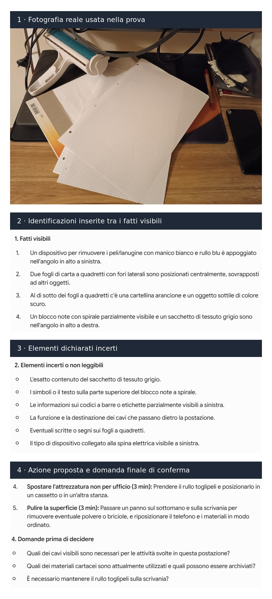 Fotografia ritagliata e passaggi della risposta di Gemini su fatti visibili, incertezze e azioni proposte