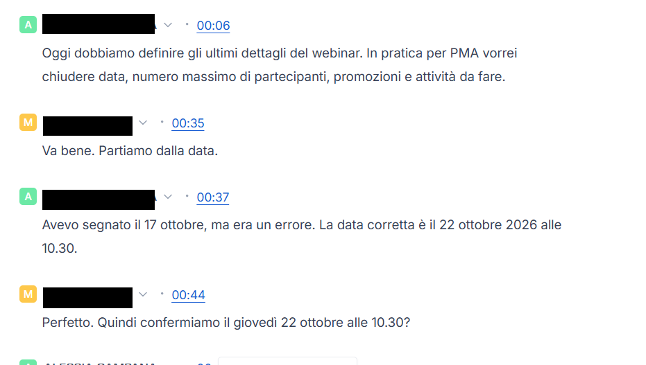 Estratto della trascrizione Fireflies del test Volvren in italiano con i nomi dei partecipanti oscurati.