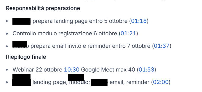 Notes generate da Fireflies nel test Volvren con i nomi dei partecipanti oscurati.